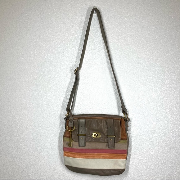 Fossil Handbags - Fossil Leather Crossbody Key Patch Work Stripes Multicolor 12x11" Retro